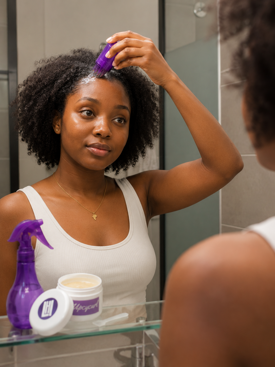 Application du sérum UPCYCURL sur le cuir chevelu avec l'applicateur masseur